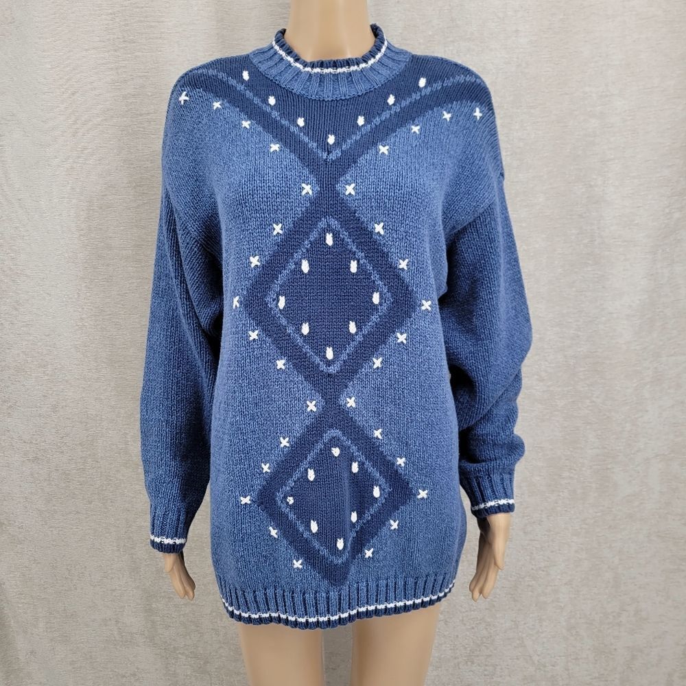 Liz Wear Vintage Blue Diamond Pattern Knit Sweater